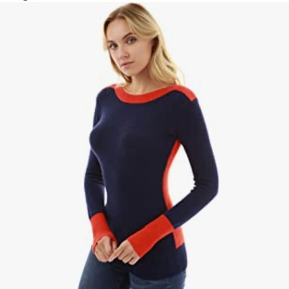 ☔️🩵PattyBoutik Blue & Orange Colorblock Boatneck Sweater Large - Picture 2 of 12